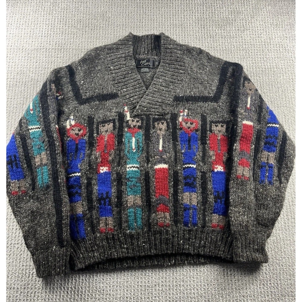 Vtg Hand Knit Wool Sweater Chunky Tribal Southwestern Cowichan Aztec Mens Medium